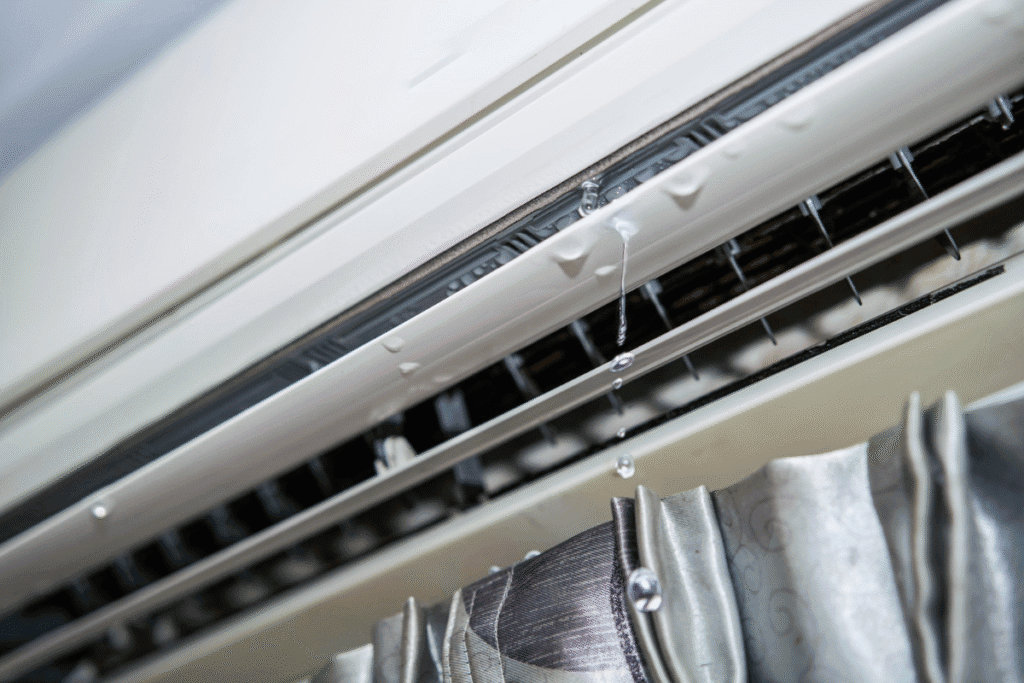 Close-up of a wall air conditioner leaking water indoors.