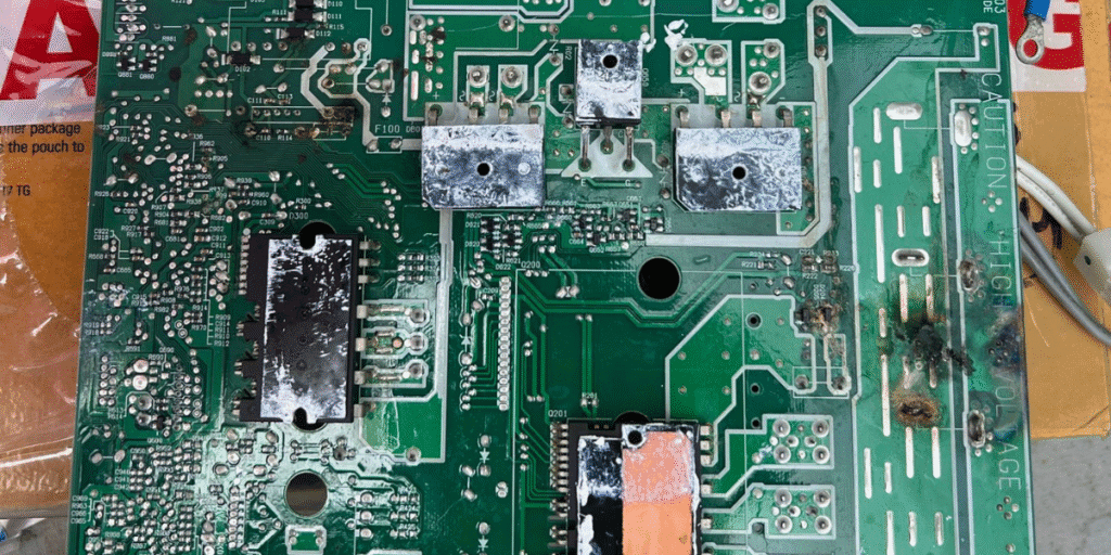 Burnt circuit board from air conditioner damaged by ants in air vents, stressing the importance of vermin treatment and preventative maintenance for air conditioning Gold Coast systems.