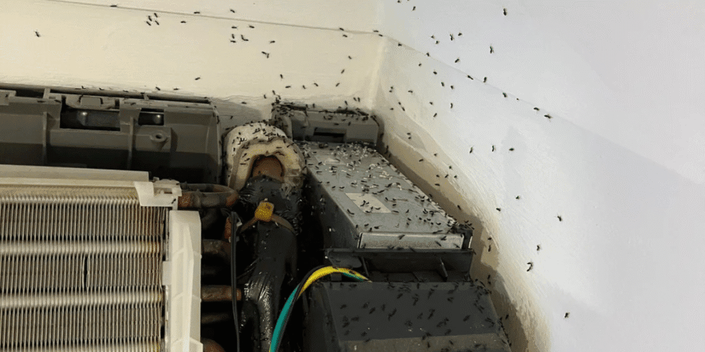 Ants in air vents invading an air conditioning unit on the Gold Coast, highlighting the need for vermin treatment and preventative maintenance.