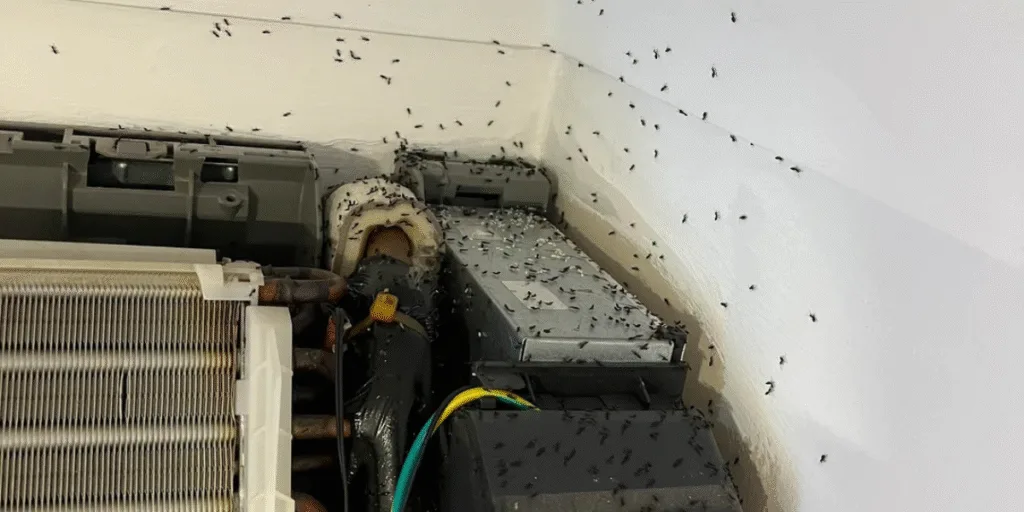 Ants in air vents invading an air conditioning unit on the Gold Coast, highlighting the need for vermin treatment and preventative maintenance.