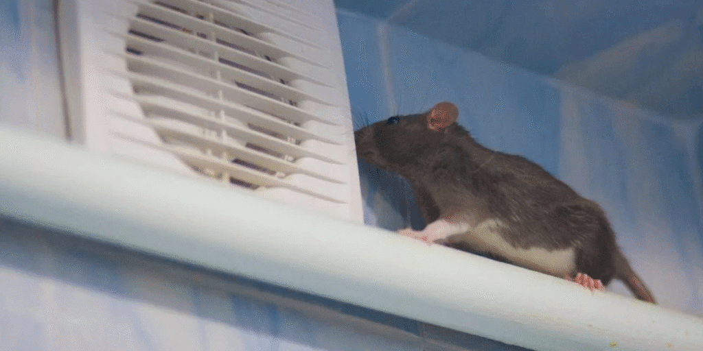 Rat inspecting a bathroom air vent, showing the danger of mouse in air conditioner. Protect your system with DEEPCHILL’s vermin treatment, preventative maintenance, and expert air conditioning service Gold Coast.