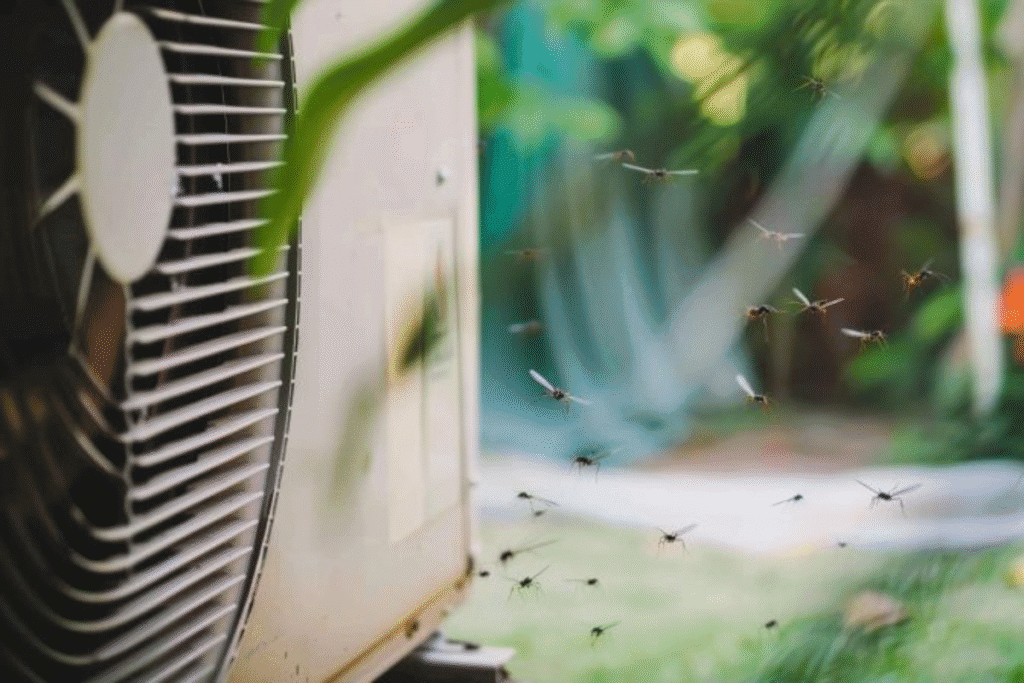 Flying pests swarming around an outdoor AC unit show the need for pest-prevented care, vermin treatment, and preventative maintenance from professional air conditioning service Gold Coast.