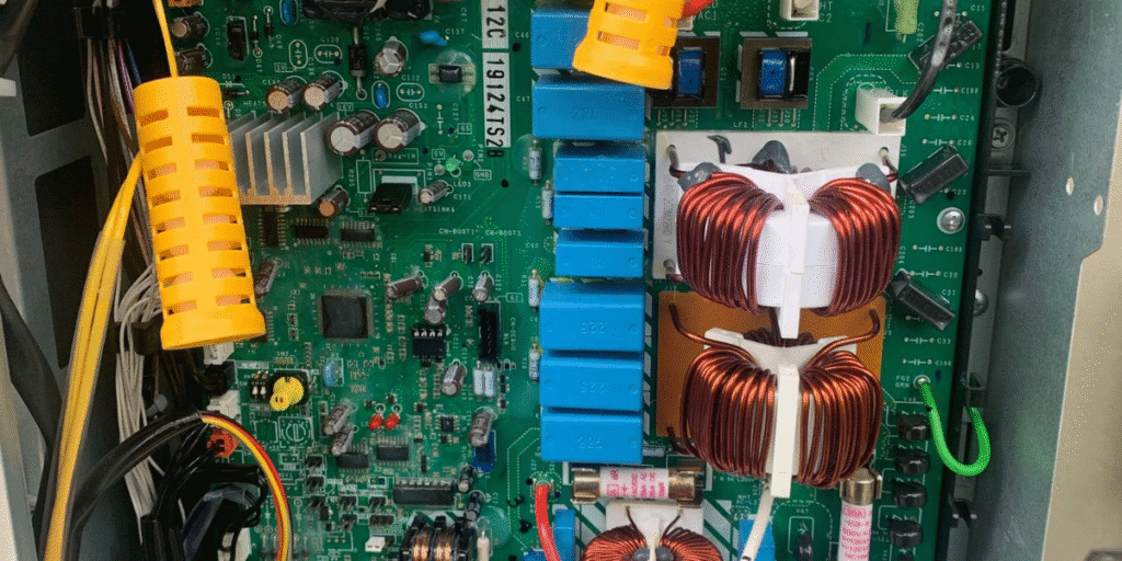 Close-up of an air conditioner PCB board showing internal components, often inspected when AC is using too much electricity in large air conditioning Gold Coast systems.
