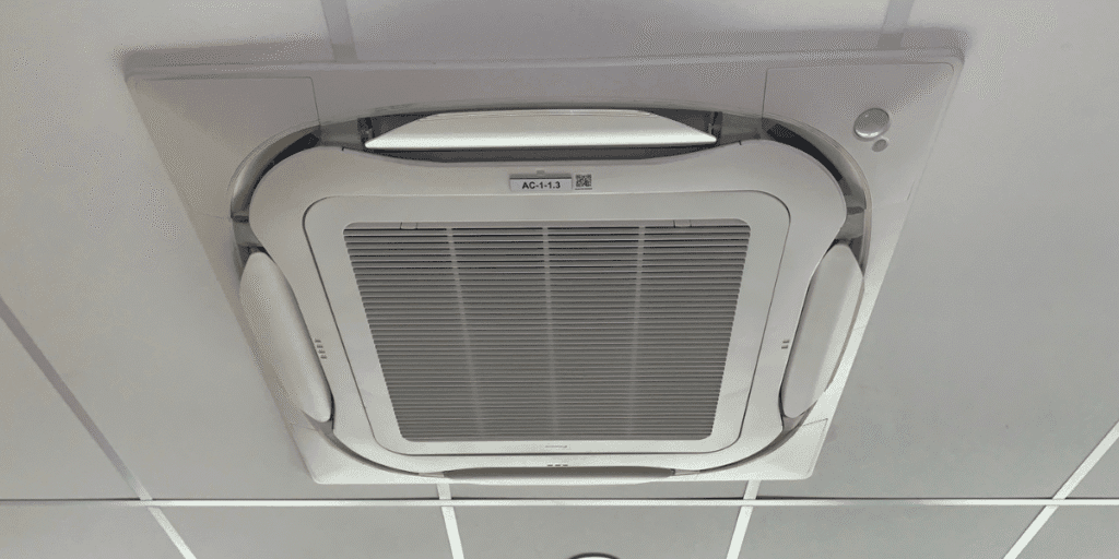 Ceiling cassette air conditioner is not used during off-season, showing why preventative maintenance matters for reliable air conditioning Gold Coast systems.