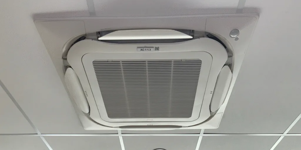 Ceiling cassette air conditioner is not used during off-season, showing why preventative maintenance matters for reliable air conditioning Gold Coast systems.