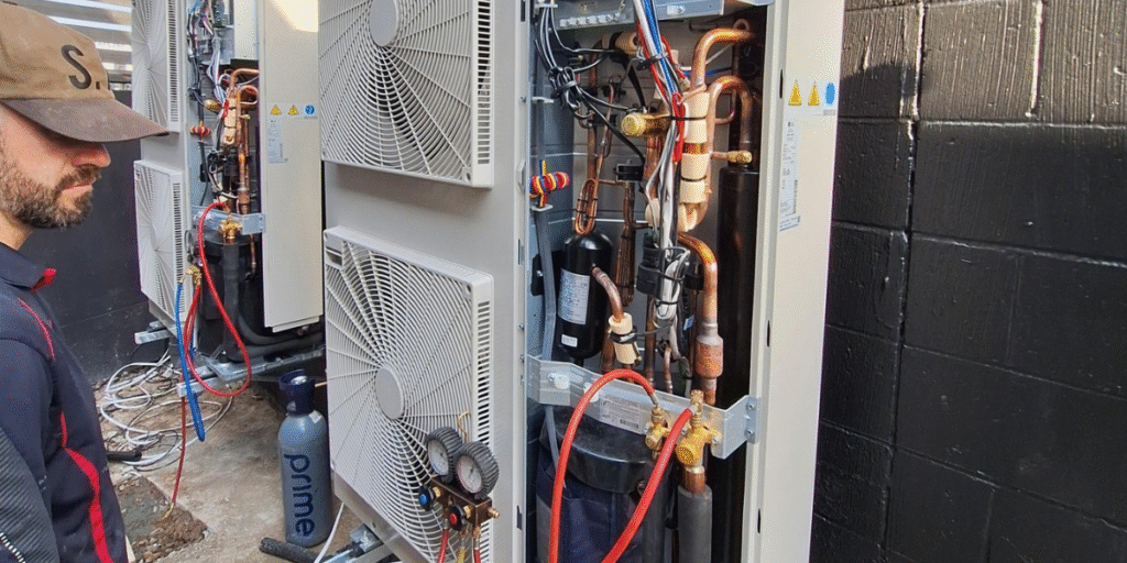 Air conditioner is not used for months, and a technician inspects the outdoor compressor as part of preventative maintenance by air conditioning Gold Coast services.