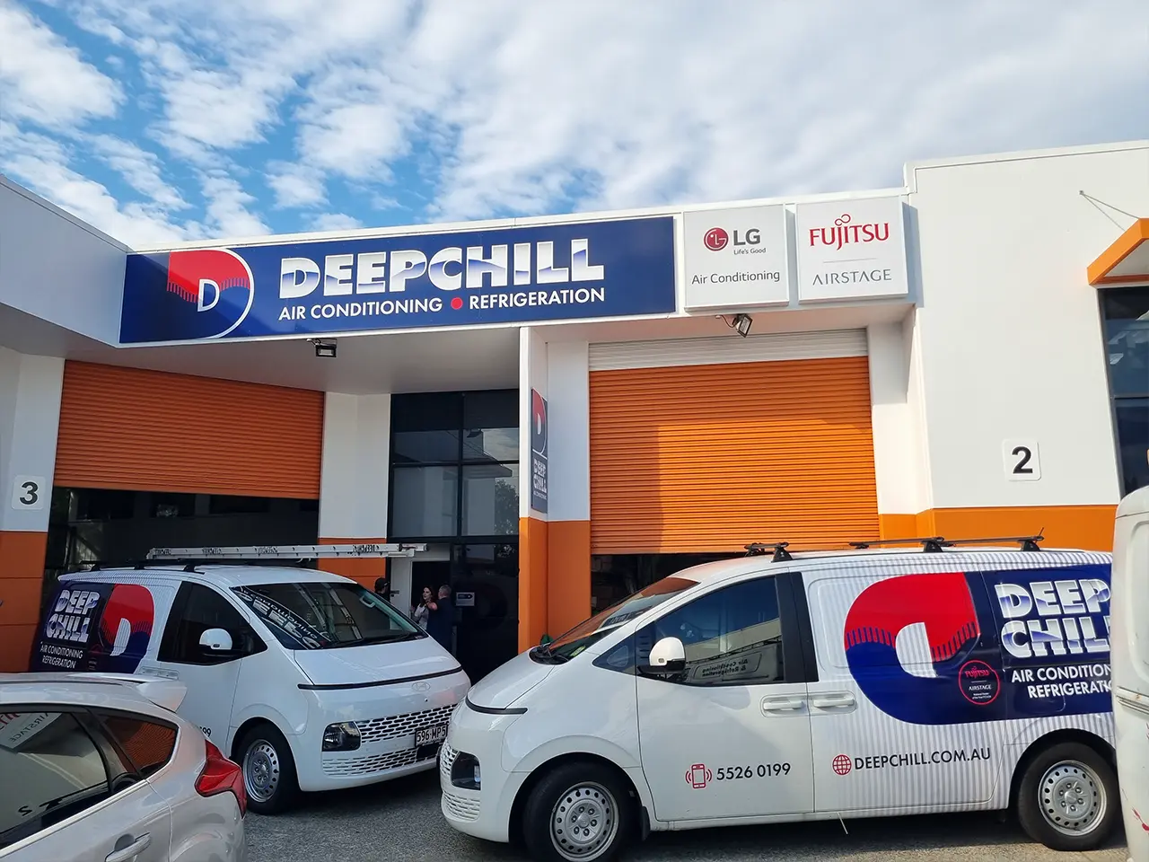 DEEPCHILL office and service vans parked outside DEEPCHILL office.