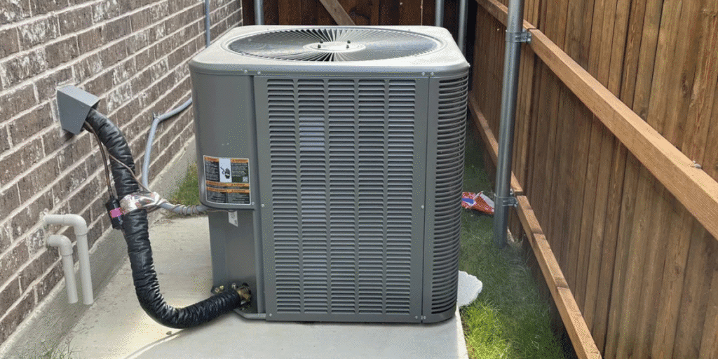 Well-maintained outdoor AC system near a wooden fence, highlighting the difference preventative maintenance makes when an air conditioner might not start after winter, supported by trusted air conditioning Gold Coast services.