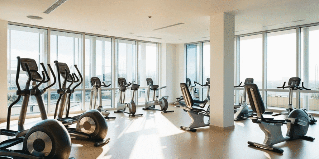 Spacious gym with cardio bikes and ducted air conditioner placements in gyms, ensuring even cooling from expert air conditioning Gold Coast design solutions.
