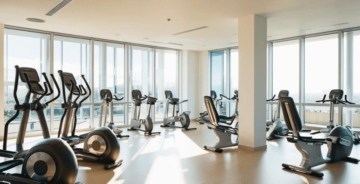 Spacious gym with cardio bikes and ducted air conditioner placements in gyms, ensuring even cooling from expert air conditioning Gold Coast design solutions.