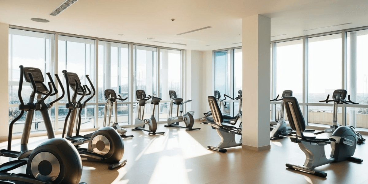 Spacious gym with cardio bikes and ducted air conditioner placements in gyms, ensuring even cooling from expert air conditioning Gold Coast design solutions.
