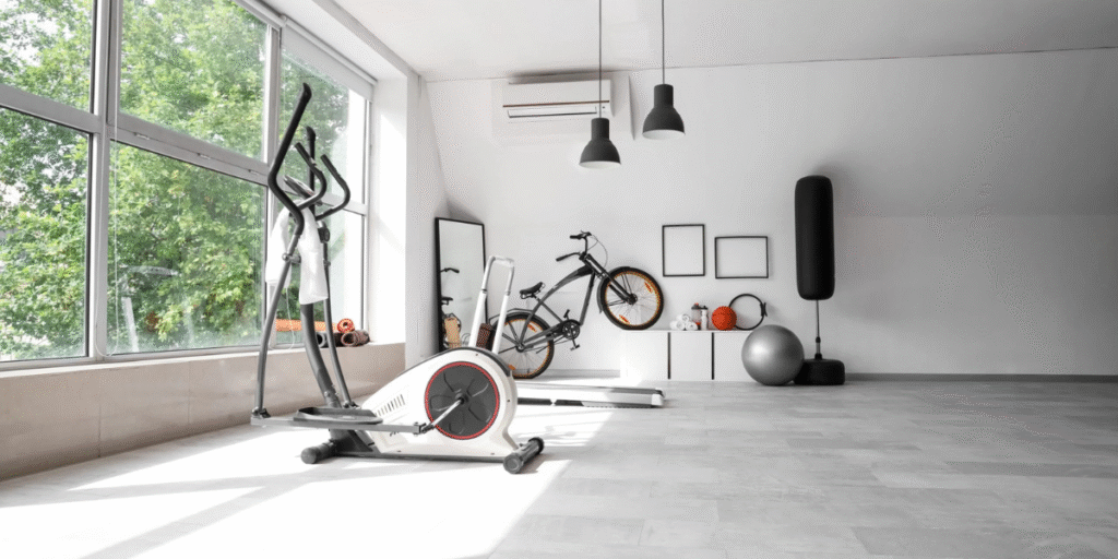 Home workout space with split system cooling, proving air conditioners fit gyms and need professional air conditioning design Gold Coast and installation expertise.