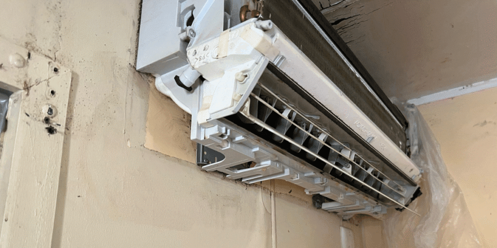 Split air conditioning unit undergoing Hydro Clean service, showing essential air conditioning maintenance for gyms by expert air conditioning Gold Coast technicians.