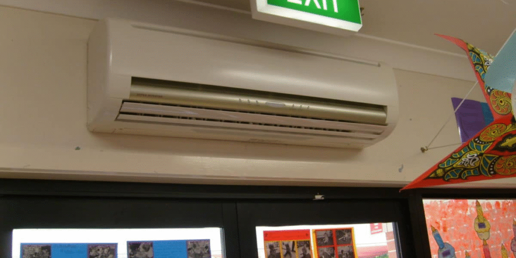 Split system installed above classroom door, following air conditioning regulations for safe operation and proper maintenance by air conditioning Gold Coast experts.
