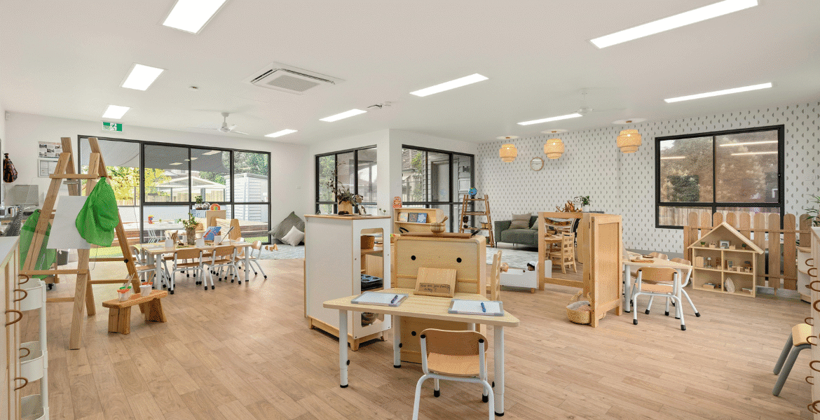Preschool classroom with ceiling air conditioning, showing air conditioning safety for preschoolers and trusted air conditioning Gold Coast solutions.