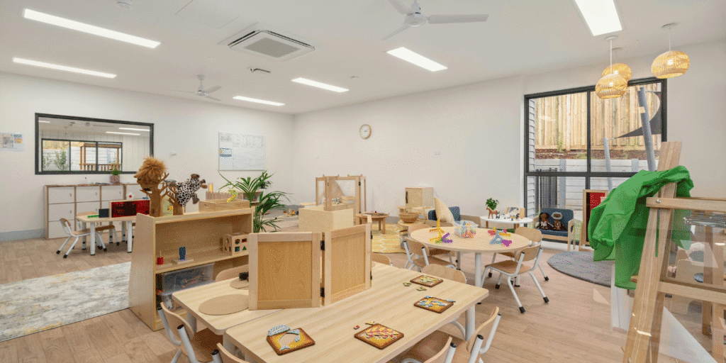 Safe preschool learning space with air conditioning and ceiling fans, highlighting air conditioning safety for preschoolers with expert air conditioning Gold Coast services.