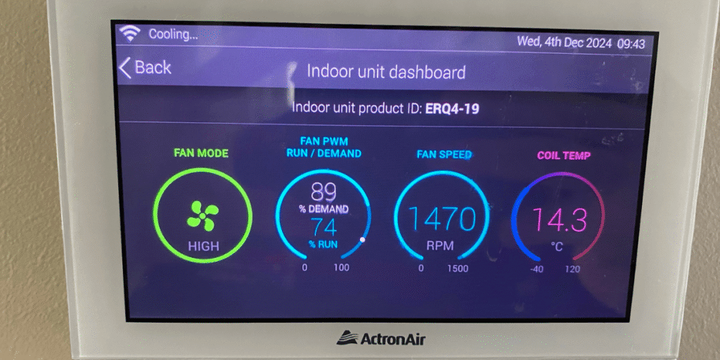 Indoor unit dashboard showing fan mode, speed and coil temperature, part of detailed checks during DEEPCHILL’s aircon preventative maintenance service in Gold Coast.