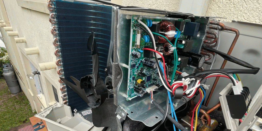 Exposed air conditioner PCB and fan during inspection – book preventative maintenance now with reliable air conditioning Gold Coast services to prevent breakdowns.