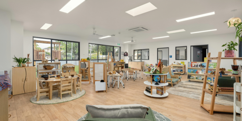 Bright and modern childcare classroom equipped with childcare air conditioners to ensure comfort. Frequent cleaning and preventative maintenance keep the air fresh, supported by trusted air conditioning Gold Coast services.