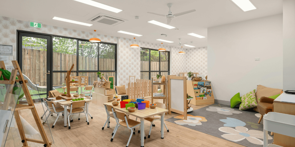Modern preschool learning room equipped with air conditioning Gold Coast, ensuring balanced classroom temperature for preschool children.