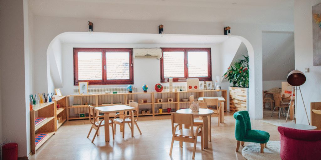 Bright childcare classroom with tidy furniture and hydro clean for childcare air conditioners ensuring dust-free air, supporting preventative maintenance and trusted air conditioning Gold Coast services.