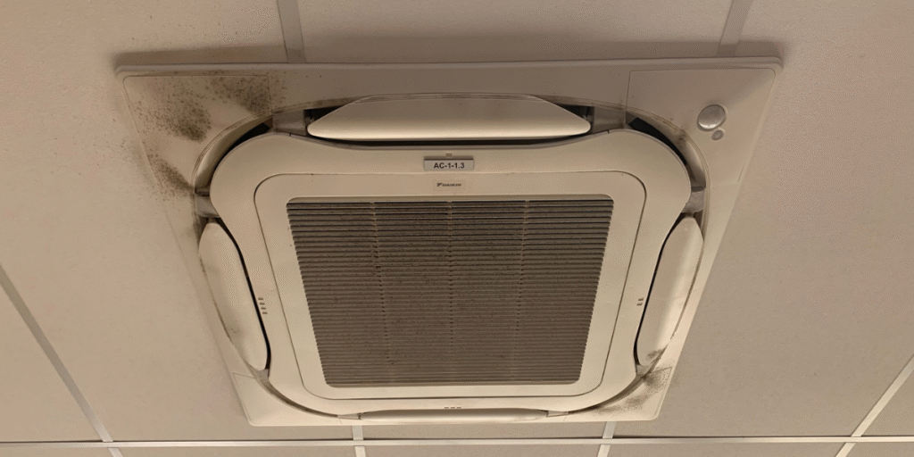 A ceiling cassette air conditioner with visible dirt and mold, demonstrating the health risks of using old air conditioner without preventative maintenance in air conditioning Gold Coast.