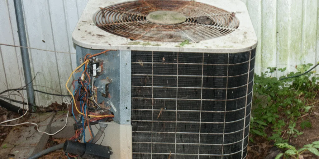 Damaged outdoor AC unit with rust and exposed wiring, a clear case where to recharge old air conditioner is unsafe, requiring air conditioning Gold Coast replacement advice.