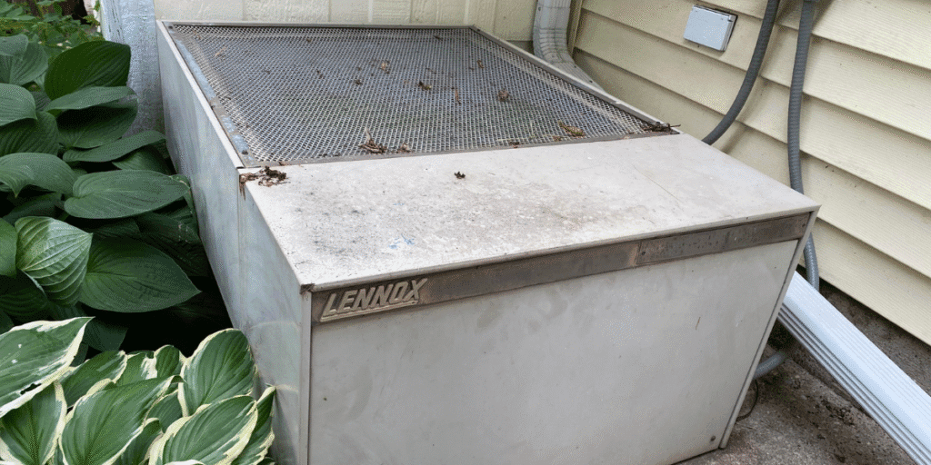 An old Lennox outdoor air conditioner surrounded by plants, highlighting eco-friendly ways to recycle old AC through air conditioning Gold Coast experts.
