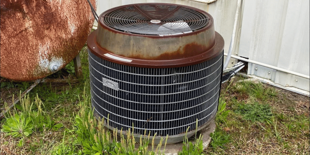 Old air conditioner unit placed outside a house, showing rust and wear, compared with modern smart AC controller solutions for air conditioning Gold Coast.