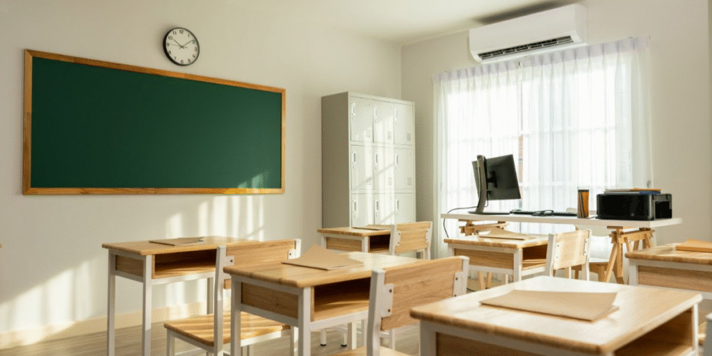 Bright primary school classroom with split AC keeping the ideal temperature for primary school classrooms, powered by expert air conditioning Gold Coast service.