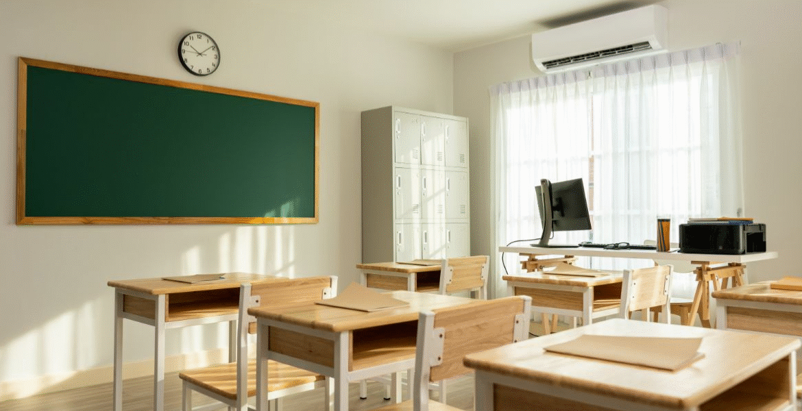 Bright primary school classroom with split AC keeping the ideal temperature for primary school classrooms, powered by expert air conditioning Gold Coast service.