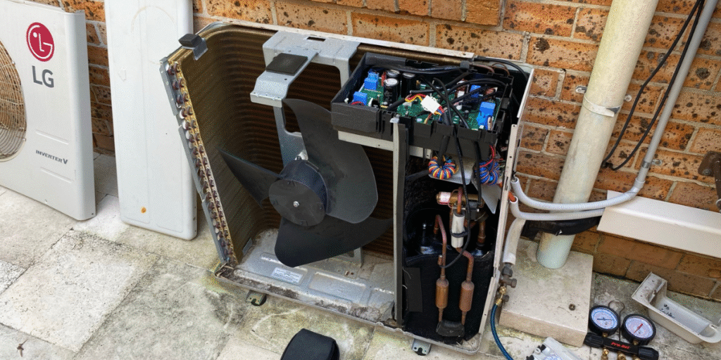 LG outdoor unit not running — open inverter casing shows control board, fan motor, and copper coils under DEEPCHILL repair.