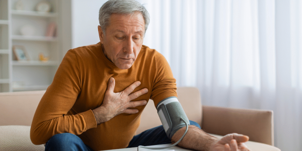 An elderly man feeling unwell from sudden temperature changes while checking his blood pressure at home — a reminder to avoid thermal shock when using air conditioning in severe weather with expert air conditioning Gold Coast advice.