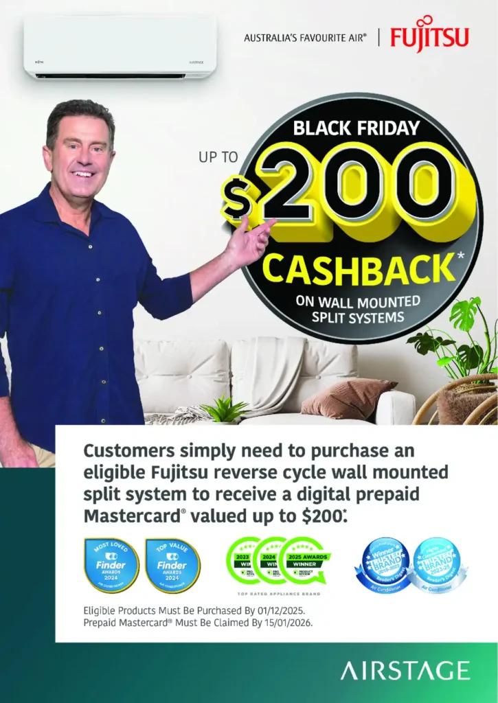 Fujitsu Black Friday is here! Grab up to $200 cashback on split systems from DEEPCHILL, air conditioning Gold Coast specialists.
