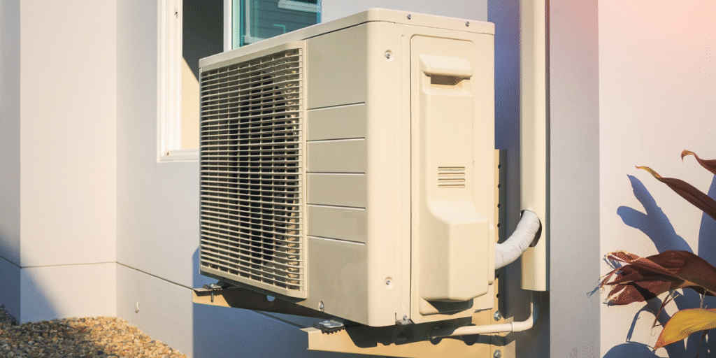 Outdoor air conditioning unit working under intense sunlight during extreme heat in Gold Coast, showing how to maintain your air conditioner in extreme heat for reliable cooling performance.