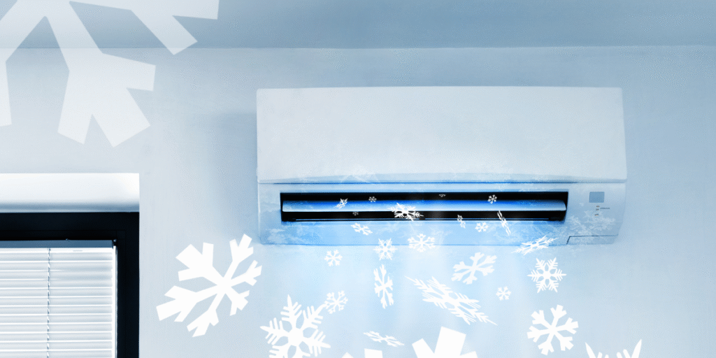 Air conditioner cooling too slowly with frost and snowflake symbols, representing cooling performance issues and air conditioning Gold Coast maintenance.