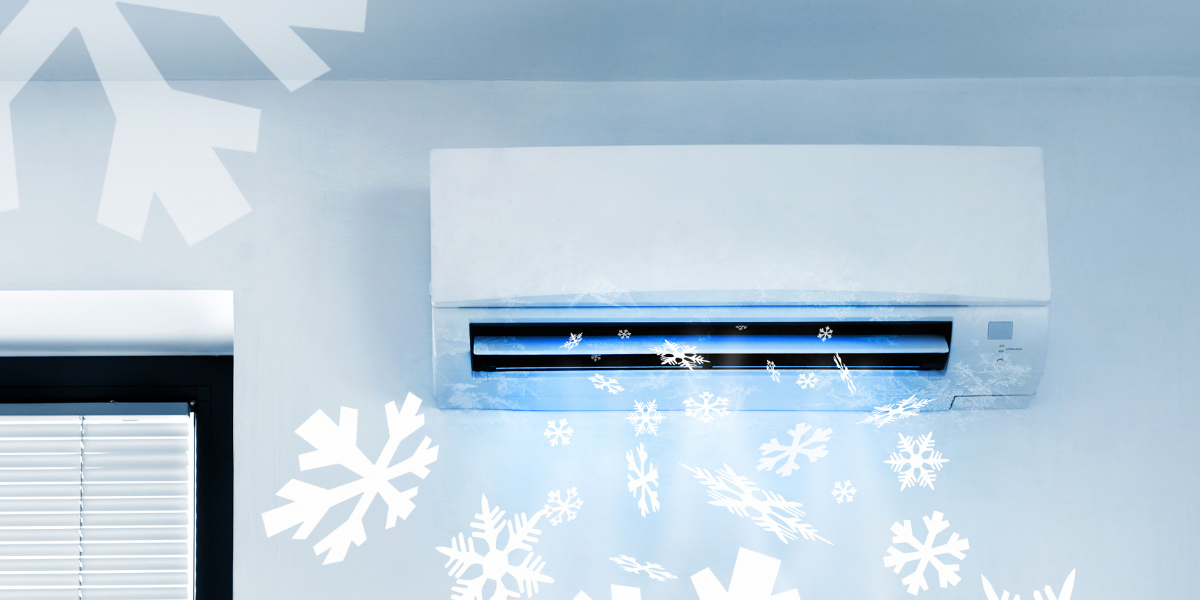 Air conditioner cooling too slowly with frost and snowflake symbols, representing cooling performance issues and air conditioning Gold Coast maintenance.