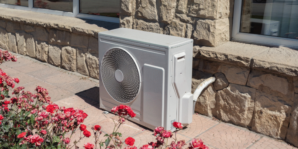 Outdoor air conditioning unit placed near a stone wall with garden flowers nearby, demonstrating a well-ventilated installation rather than tightly covering the outdoor unit, as recommended by air conditioning Gold Coast technicians.