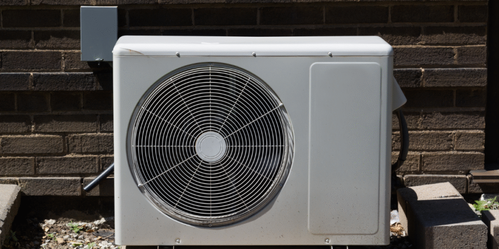 Air conditioner outdoor unit installed against a brick wall, operating without obstruction to ensure heat can escape efficiently — showing why homeowners shouldn’t cover the outdoor unit in the hot weather, say air conditioning Gold Coast specialists.
