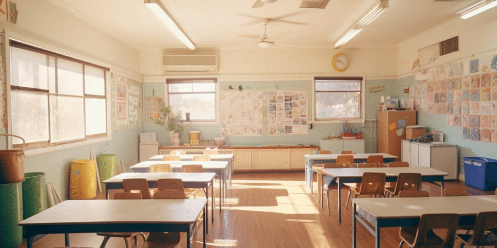 Primary classroom in Gold Coast equipped with wall-mounted split air conditioning Gold Coast unit and energy-efficient systems for better air quality and comfort.