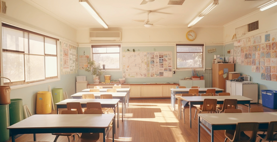 Primary classroom in Gold Coast equipped with wall-mounted split air conditioning Gold Coast unit and energy-efficient systems for better air quality and comfort.