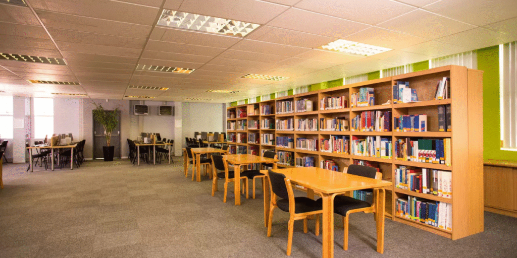 A quiet school library on the Gold Coast fitted with energy-efficient systems and air conditioning Gold Coast design for a cool and comfortable learning space.