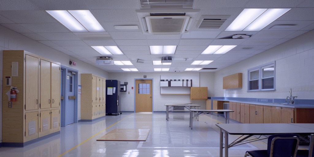 Modern classroom in Gold Coast featuring ceiling cassette air conditioning Gold Coast and energy-efficient systems providing consistent cooling for students.