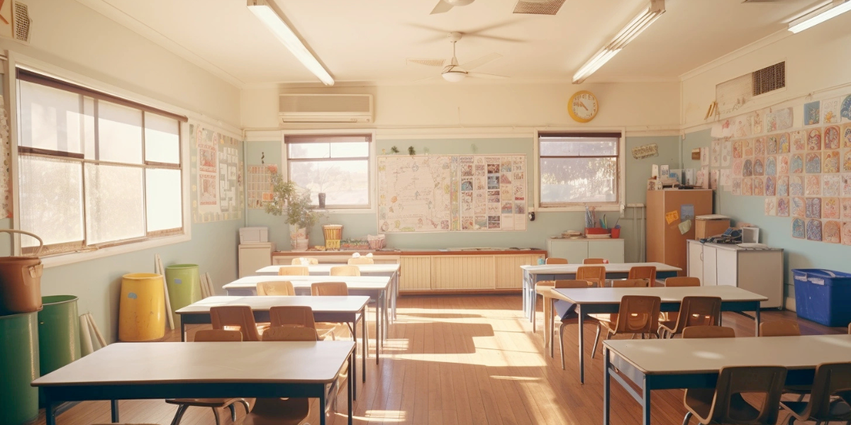 Primary classroom in Gold Coast equipped with wall-mounted split air conditioning Gold Coast unit and energy-efficient systems for better air quality and comfort.