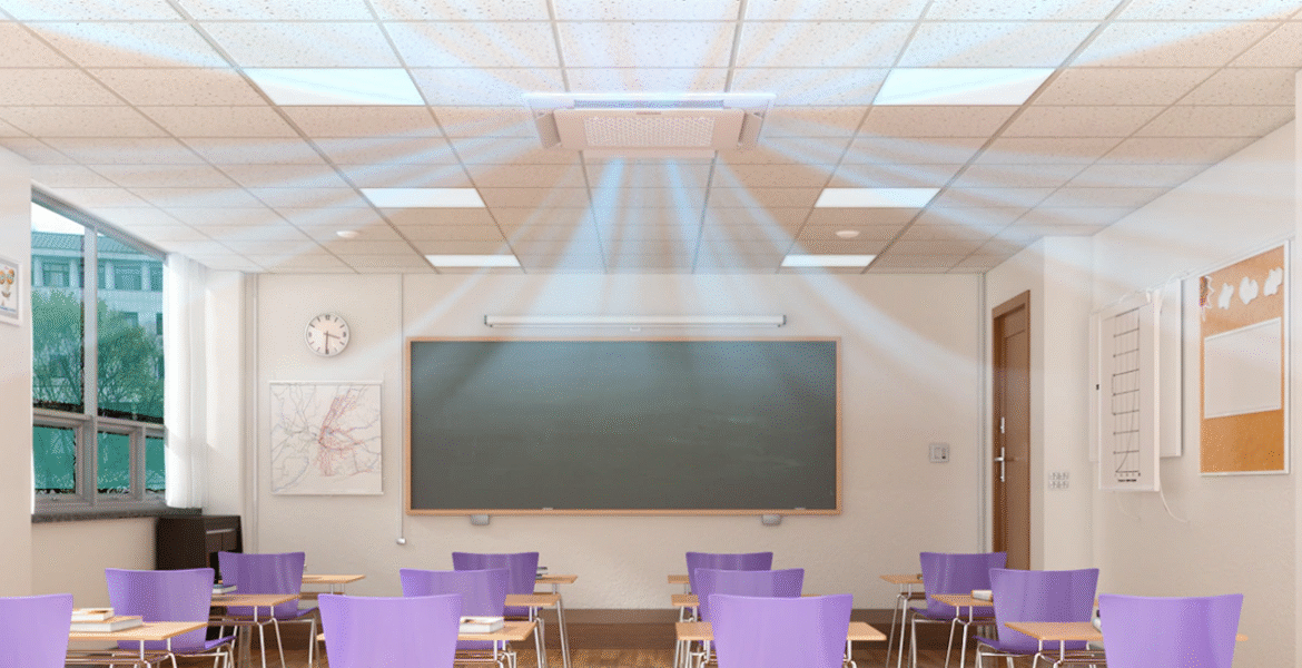 Ceiling air conditioner cooling a classroom to help keeping students focused during a heatwave, showing DEEPCHILL response in 24 hours and expert air conditioning design Gold Coast.