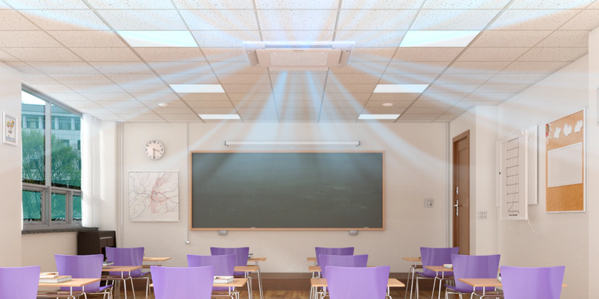 Ceiling air conditioner cooling a classroom to help keeping students focused during a heatwave, showing DEEPCHILL response in 24 hours and expert air conditioning design Gold Coast.