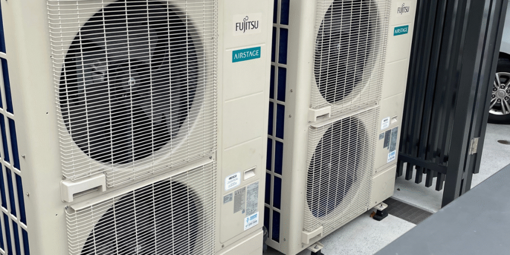 Fujitsu Airstage outdoor unit not running — twin commercial inverter systems installed on site, inspected by DEEPCHILL air conditioning Gold Coast technicians.