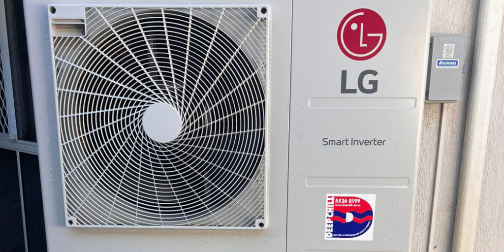 LG outdoor unit not running — Smart Inverter air conditioner on Gold Coast home wall with DEEPCHILL service label visible.