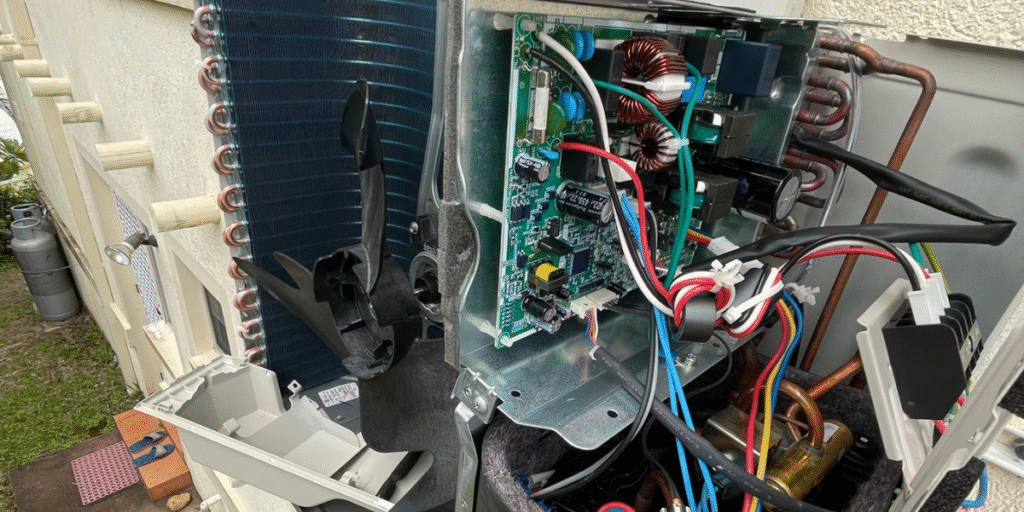 LG Smart Inverter outdoor unit not running — open panel shows circuit board and fan area being inspected by DEEPCHILL technician, air conditioning Gold Coast service.