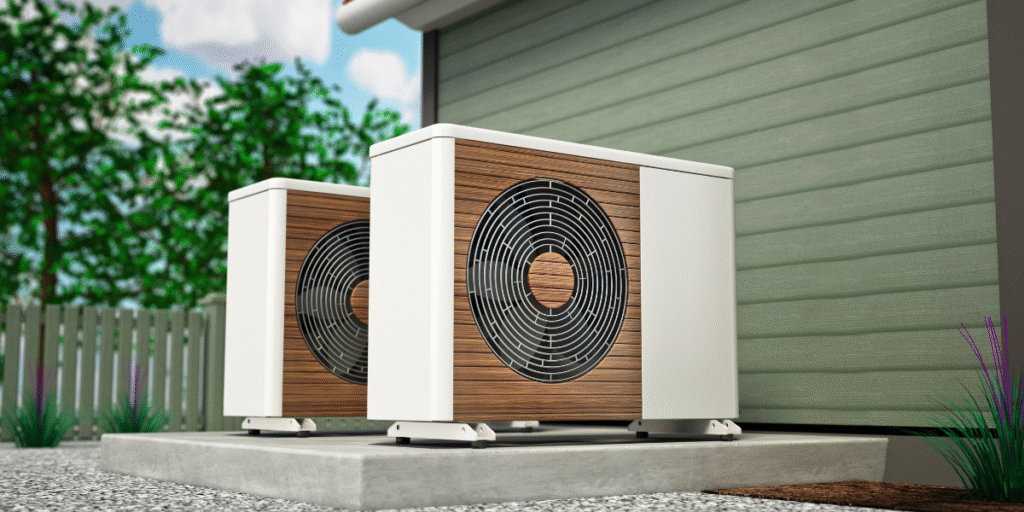 Two outdoor air conditioning units working hard in extreme heat, illustrating why AC systems run nonstop during a heat wave; air conditioning Gold Coast.